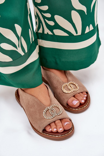Dames sandalen met ornamenten en brede hakken van eco-suède in zandkleur Ralisses