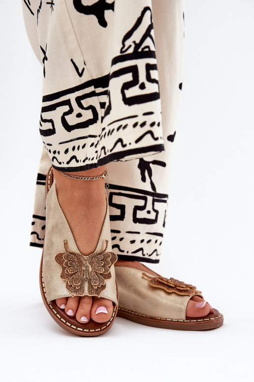 Dames sandalen met brede hakken met ornamenten gouden kleur Setorina Dames sandalen met brede hakken met ornamenten gouden kleur Setorina