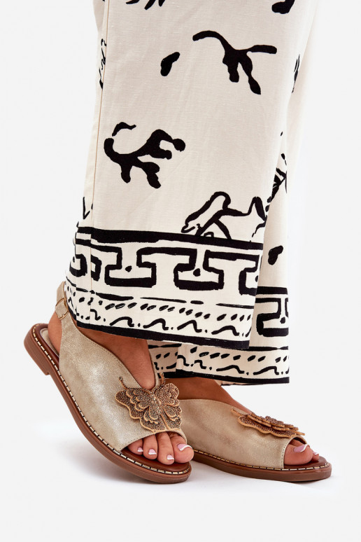 Dames sandalen met brede hakken met ornamenten gouden kleur Setorina Dames sandalen met brede hakken met ornamenten gouden kleur Setorina