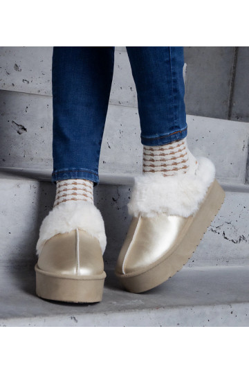 Gouden slippers met platform, versierd met bont en elastiek bij de hiel Asza 2