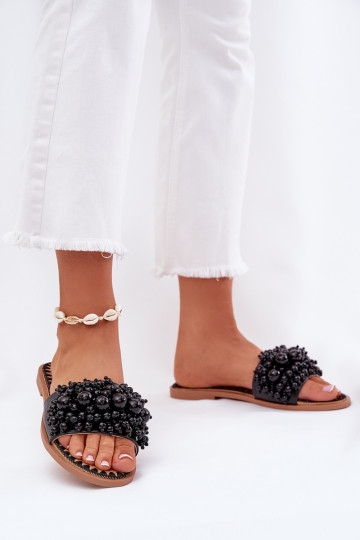 Slippers Dames plat met decoratieve kralen in zwarte kleur Aricca