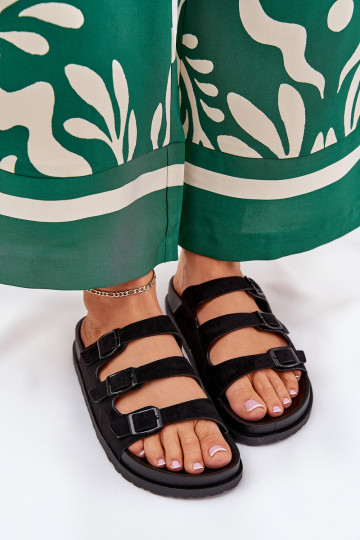 Dames slippers met bandjes en gespen zwarte kleur Uliri