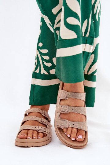 Dames slippers met bandjes en gespen zandkleur Uliri 2