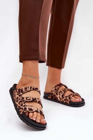 Dames slippers met bandjes en gespen met luipaardprint bruine kleur Uliri 2