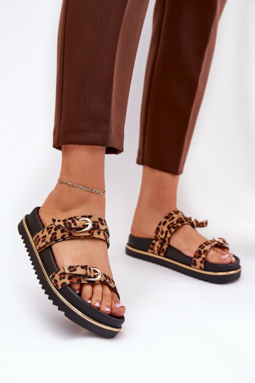 Dames pantoffels met luipaardprint met plateau en bandjes I met gesp in bruin Ziferte 2