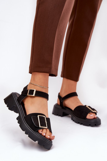 Dames sandalen van kunstsuede met gespen in zwarte kleur