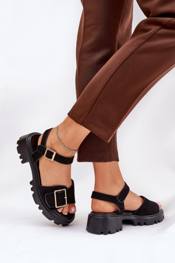 Dames sandalen van kunstsuede met gespen in zwarte kleur 2