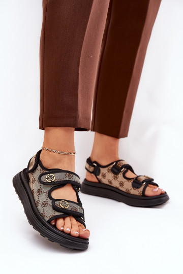 Dames gestreepte sandalen met gouden details zandkleur-zwart Pefese