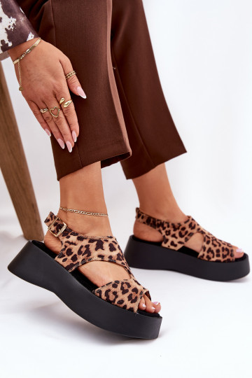 Dames sandalen met luipaardprint en plateau van eco-suède bruine kleur Karonia
