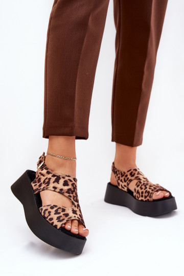 Dames sandalen met luipaardprint en plateau van eco-suède bruine kleur Karonia 2