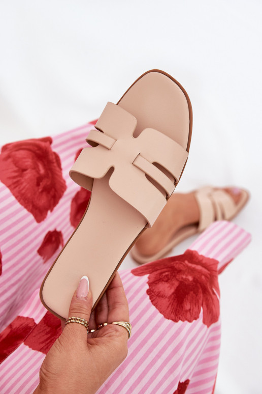 Damespantoffels met brede hakken Met uitsparingen Eko Leer beige Ecapus Damespantoffels met brede hakken Met uitsparingen Eko Leer beige Ecapus