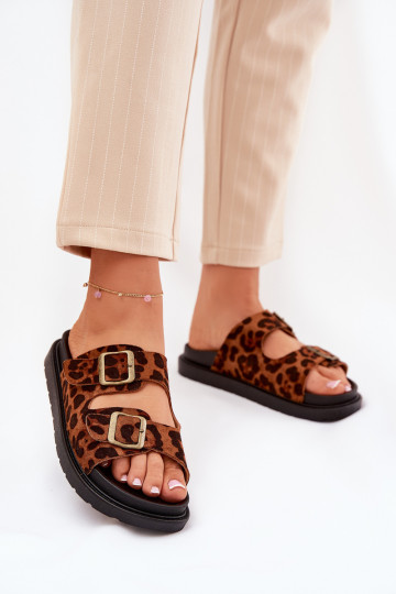 Dames slippers met luipaardprint met platform en gespen bruine Simbes