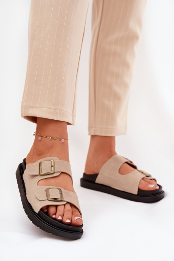 Dames slippers met platform en gespen zandkleurige Simbes 2