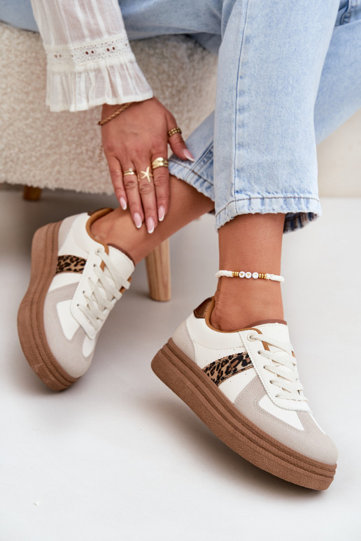 Dames Sneakers model schoenen met platform met luipaardbontpatronen beige Lincidi Dames Sneakers model schoenen met platform met luipaardbontpatronen beige Lincidi