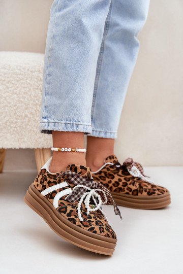 Sneakers model schoenen Dames met luipaardbontpatronen met platform met mooie details bruine kleur Vinness