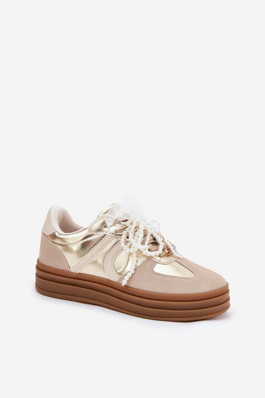 Sneakers model schoenen Dames met platform met mooie details beige-gouden kleur Vinness Sneakers model schoenen Dames met platform met mooie details beige-gouden kleur Vinness