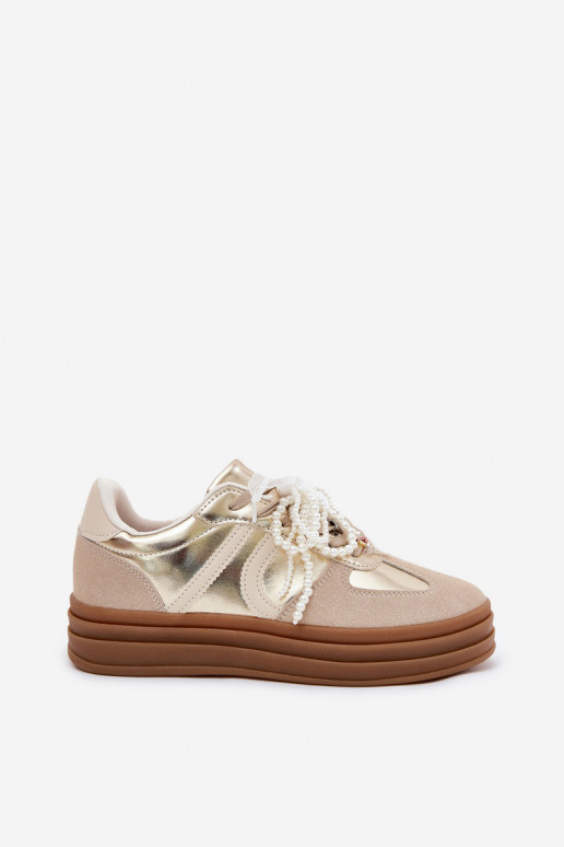Sneakers model schoenen Dames met platform met mooie details beige-gouden kleur Vinness Sneakers model schoenen Dames met platform met mooie details beige-gouden kleur Vinness