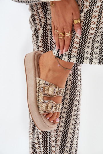 Damespantoffels met platform met gespen I Plecionką kaki kleuren Limme 2