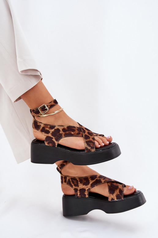 Dames sandalen met platform I Koturnie met luipaardbontpatronen bruine kleur Tenzorus Dames sandalen met platform I Koturnie met luipaardbontpatronen bruine kleur Tenzorus