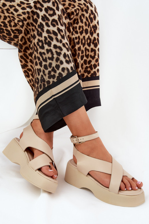 Dames sandalen met platform I Koturnie Eko Leer beige Tenzorus
