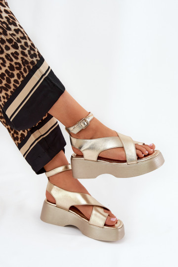 Dames sandalen met platform I Koturnie Eko Leer gouden kleur Tenzorus
