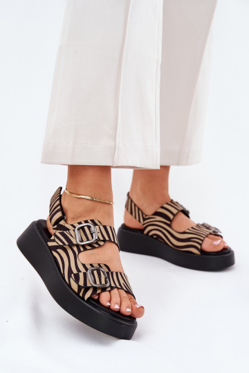 Dames Sandalen met Platform en Hakken met Gespen Zebra Zandkleur-Zwarte kleur Genorre