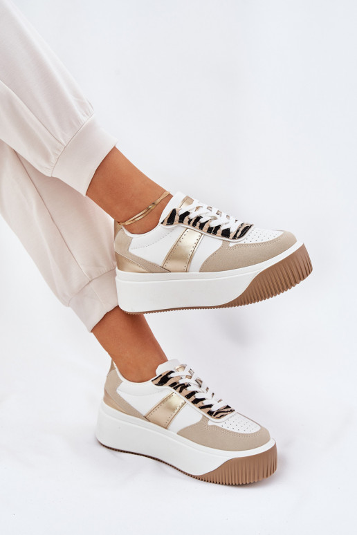 Sneakers model schoenen Dames met platform Dierlijk patroon beige-gouden kleur Telanila Sneakers model schoenen Dames met platform Dierlijk patroon beige-gouden kleur Telanila