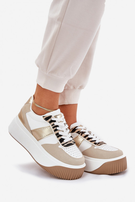 Sneakers model schoenen Dames met platform Dierlijk patroon beige-gouden kleur Telanila Sneakers model schoenen Dames met platform Dierlijk patroon beige-gouden kleur Telanila